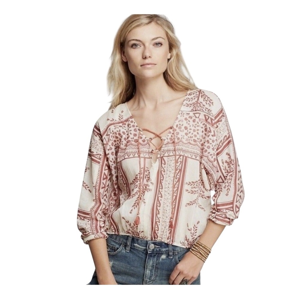 Free People Medium Tunic Top Blouse Floral Print Lace Up Bohemian Bohoโ 1254